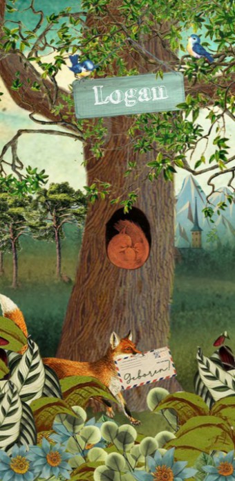 Geboortekaartje retro vintage met eekhoorntjes in de boom
