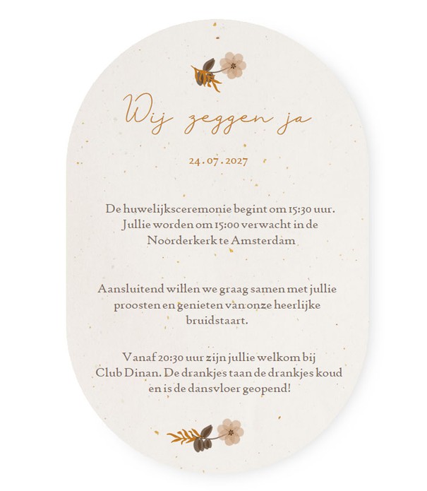 Ovaal trouwkaart met bloemen en folie