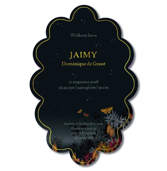 Een uniek geboortekaartje in romantische barokke vorm! De afbeelding van zebra's in de nacht met prachtige botische bloemen en planten maken het extra lief. De kleuren zijn perfect op elkaar afgestemd en de folie kun je zelf aanpassen. Zonder folie is nat