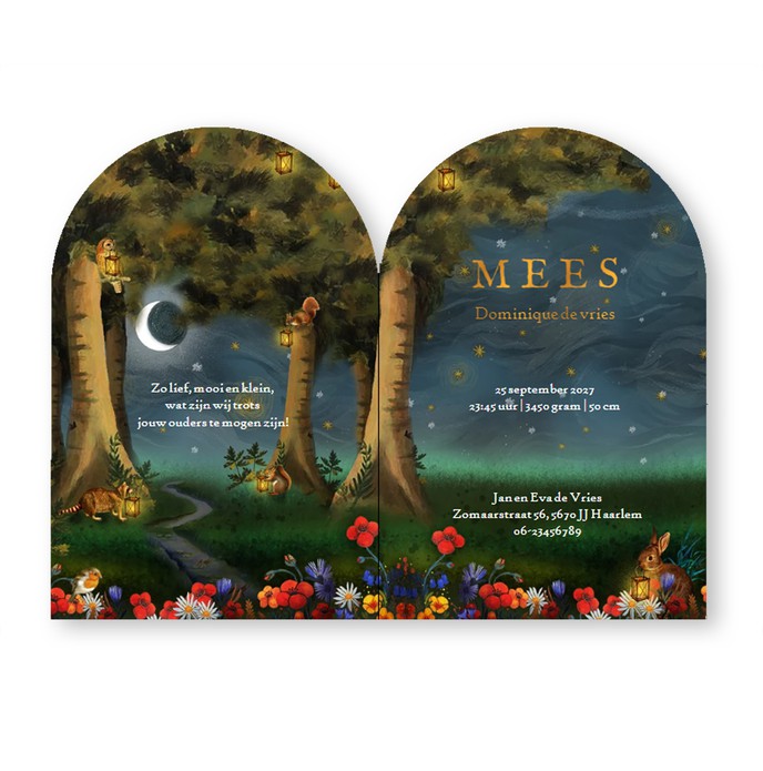 Geboortekaartje met sprookjesbos. De lantaarntjes worden door de dieren in de bomen gehangen voor lichtpuntjes in de nacht. De folie verstrekt dit effect en gedrukt in boogvorm. De unieke vorm kaart maakt jullie geboortekaartje extra bijzonder.