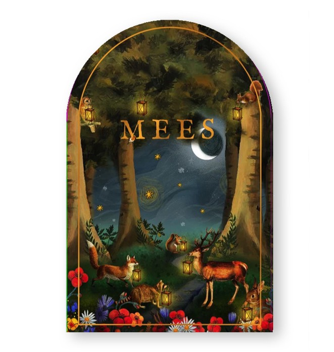 Geboortekaartje met sprookjesbos. De lantaarntjes worden door de dieren in de bomen gehangen voor lichtpuntjes in de nacht. De folie verstrekt dit effect en gedrukt in boogvorm. De unieke vorm kaart maakt jullie geboortekaartje extra bijzonder.