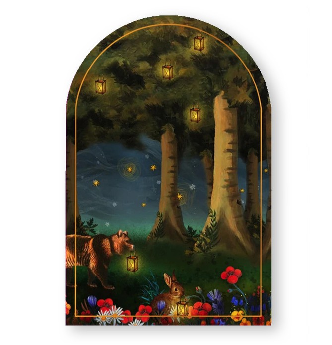Geboortekaartje met sprookjesbos. De lantaarntjes worden door de dieren in de bomen gehangen voor lichtpuntjes in de nacht. De folie verstrekt dit effect en gedrukt in boogvorm. De unieke vorm kaart maakt jullie geboortekaartje extra bijzonder.