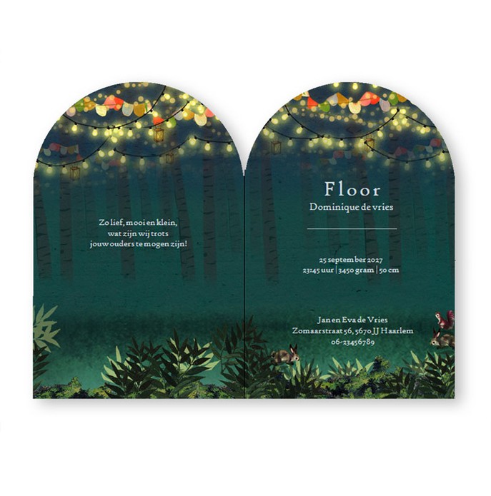 Geboortekaartje bos met bosdieren rondom het baby mandje. Ze kijken nieuwsgierig naar het pasgeboren kindje. Boogvorm geboortekaartje met illustratieve rand en mooie illustratie. Ook met folie verkrijgbaar.