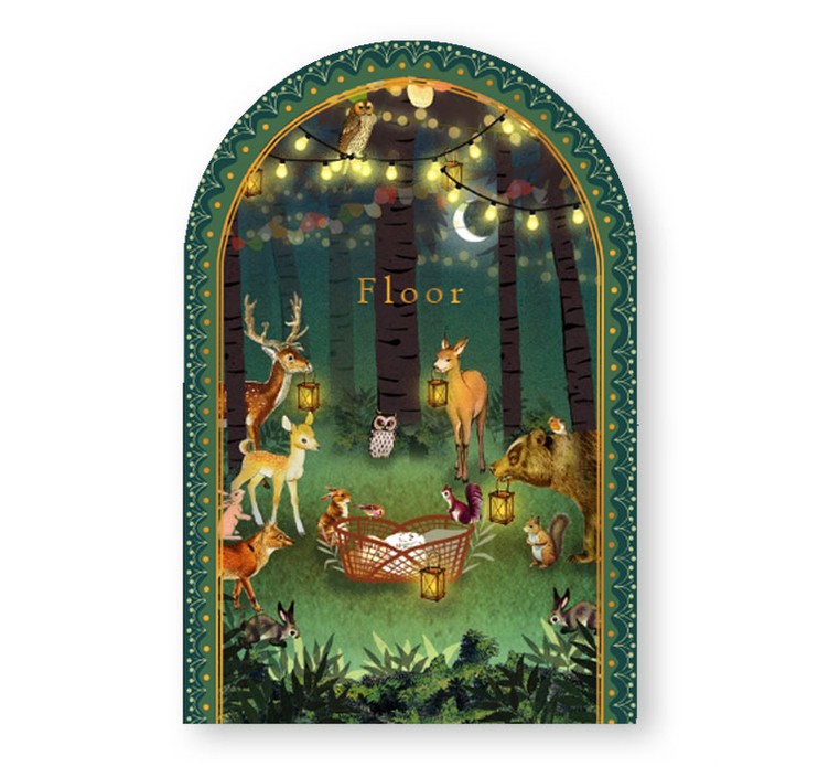 Geboortekaartje bos met bosdieren rondom het baby mandje. Ze kijken nieuwsgierig naar het pasgeboren kindje. Boogvorm geboortekaartje met illustratieve rand en mooie illustratie. Ook met folie verkrijgbaar.