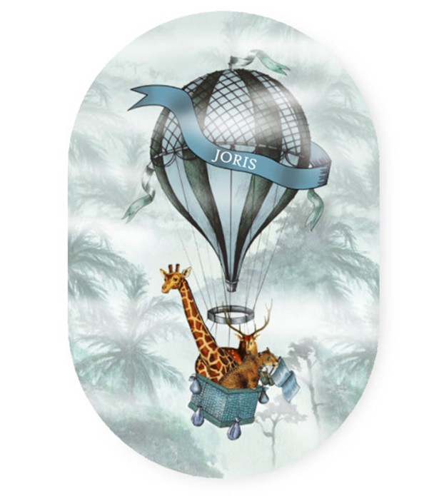 Ovaal geboortekaartje jungle en luchtballon