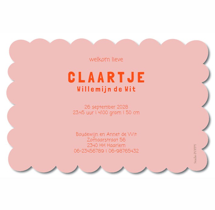 Zo origineel, een geboortekaartje in biscuit vorm met een kleurverloop. Het kaartje is helemaal af te maken met folie maar is natuurlijk niet noodzakelijk. Het geboortekaartje is bijzonder van zichzelf. Met de editor kun je zelf het kaartje naar jouw zin 