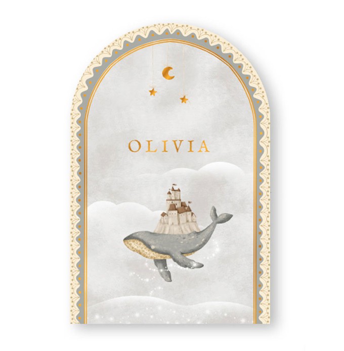 Een heel bijzonder geboortekaartje met illustratief kader. De walvis in een dromerige wereld met een lucht kasteel op zijn rug. Sterretjes die je in goudfolie kunt laten drukken. Een droom van een geboortekaartje voor als je op zoek bent naar een illustra