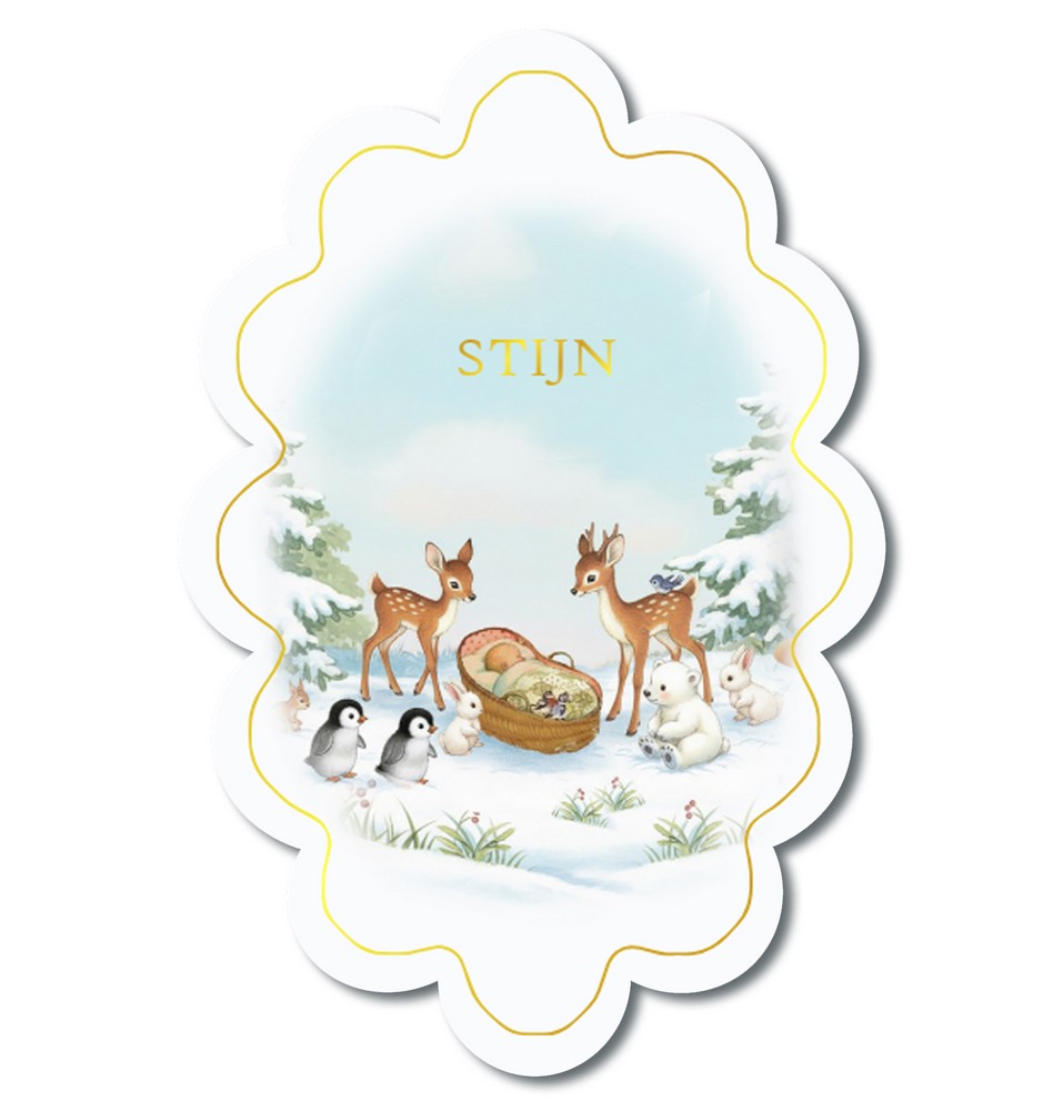 Winters geboortekaartje met dieren in de sneeuw rondom het wiegje. De bijzondere vorm van het geboortekaartje maakt het een echte eyecatcher. Het winter thema met ijsbeer, pinguïn en hertjes passen perfect bij het seizoen.