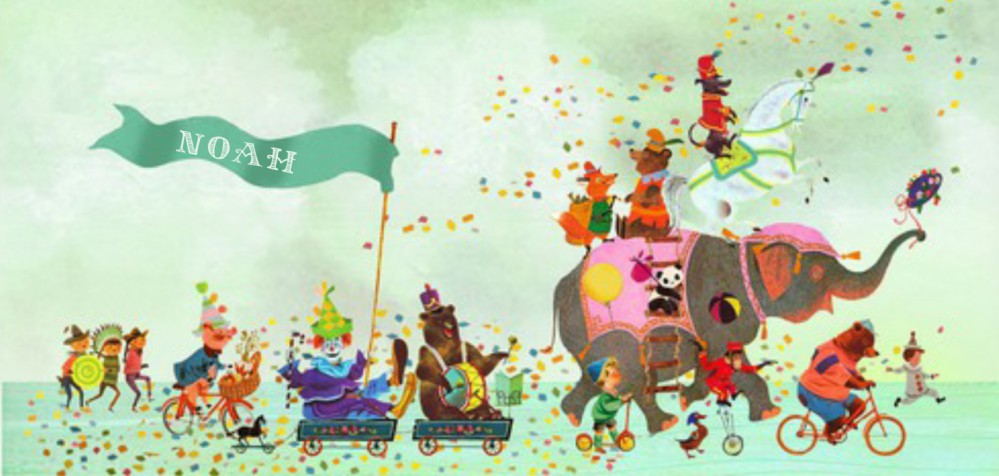 Geboortekaartje circus parade. Allerlei dieren zijn van de partij en zijn in de stemming. Een vrolijk geboortekaartje en leuk wanneer je van illustratieve geboortekaartjes houdt. In verschillende formaten verkrijgbaar, vraag eens een gratis proefdruk aan.