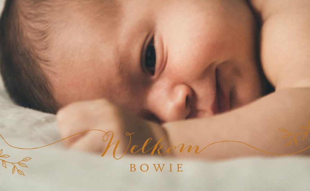 Klassiek geboortekaartje met foto en koperfolie