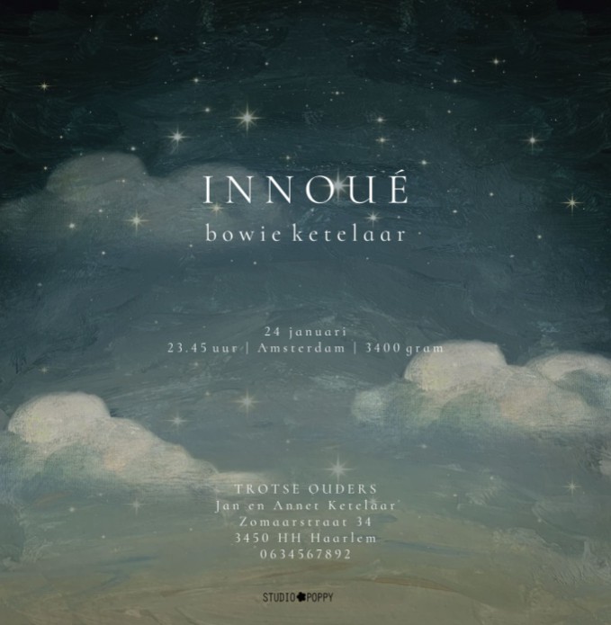 Dromerig geboortekaartje van de sterrenhemel. Als je goed kijkt zie je de sterrenbeelden erin terug, een geboortekaartje met het sterrenbeeld van jullie kindje. Vraag eens de gratis proefkaart aan.