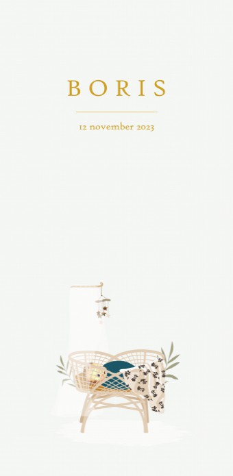 Geboortekaartje rotan wiegje met ingebakerde baby