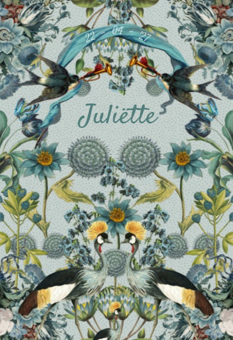 Geboortekaartje folklore botanisch met kraanvogels