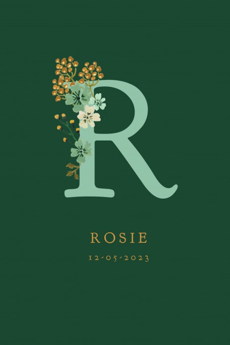 Geboortekaartje met initialen en hand geschilderde bloemen