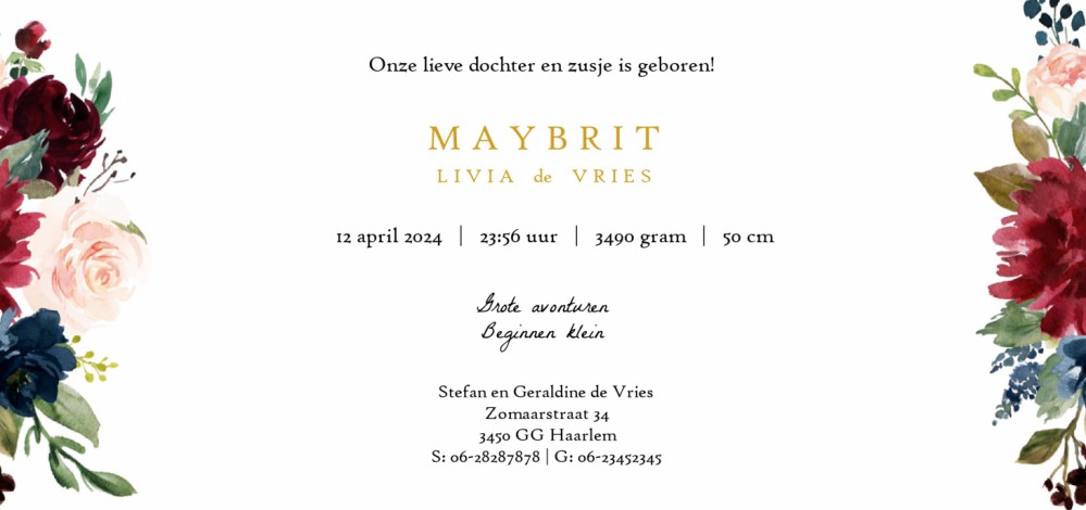 Een heel stijlvol geboortekaartje met monogram in foliedruk. De hand geschilderde bloemen maken het heel bijzonder. Voor elke letter van het alfabet is een kaartje mogelijk. Er zijn 4 soorten foliedruk te selecteren: goudfolie, zilverfolie, koperfolie en 