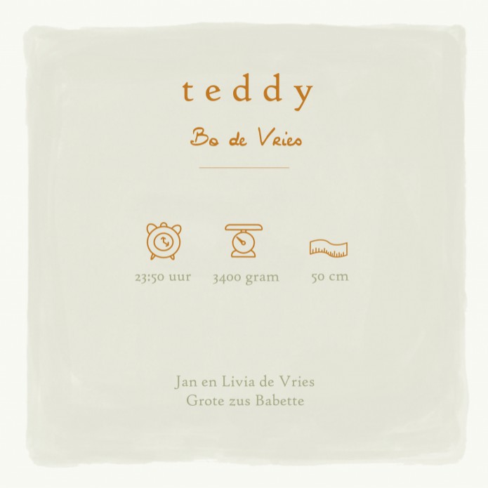 Geboortekaartje bohemian met babykleertjes, babykamer spulletjes in boho stijl in warme pastel tinten. Een lief geboortekaartje waar je met behulp van de beeldbank jouw eigen draai aan kan geven. Een bedje en een kapstokje of alleen het wandrekje met baby