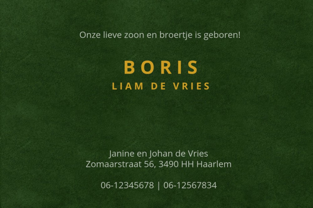 Geboortekaartje velvet look met folie geeft een heel veel warmte aan jullie geboortekaartje. Velours is in verschillende tinten te selecteren voor jouw favoriete look. Klassieke en strakke look met de luxe van folie. Maak eens een proefkaartje en haal jou