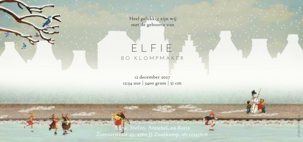 Geboortekaartje winter op de Amsterdamse gracht. Woon je in Amsterdam en wordt jullie kindje in de winter geboren? Hoe toepasselijk dit illustratieve geboortekaartje met sneeuw en ijs. Schaatsende kinderen spelen op de gracht. Vraag eens een gratis proefk