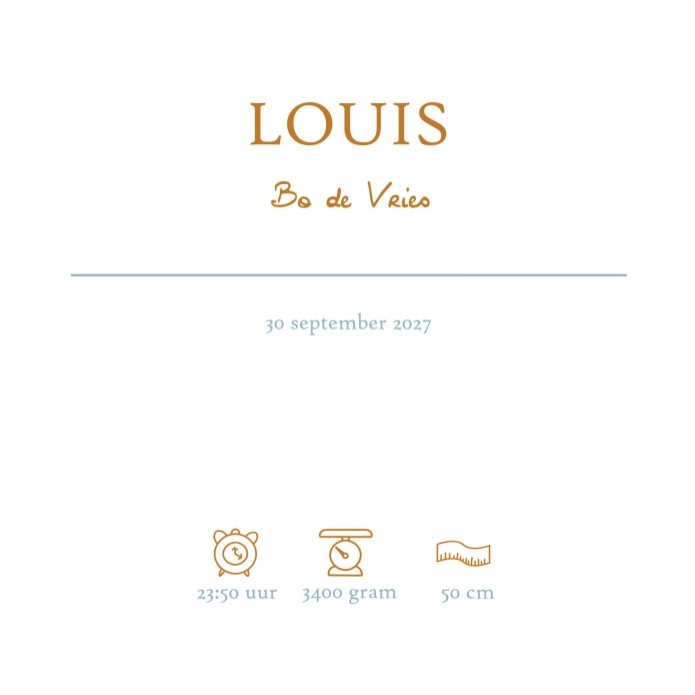 Prachtige klassieke geboortekaartjes met blauwe aquarel lijntjes. Het lijkt een beetje op de Bretonse streep uit Bretagne. Klassieke typografie past daar prachtig bij. Er zijn vele varianten verkrijgbaar dus bekijk ze allemaal! Foliedruk is ook mogelijk b