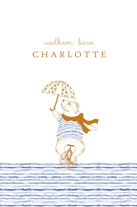 Geboortekaartje aquarel streepjes met beer eenwieler