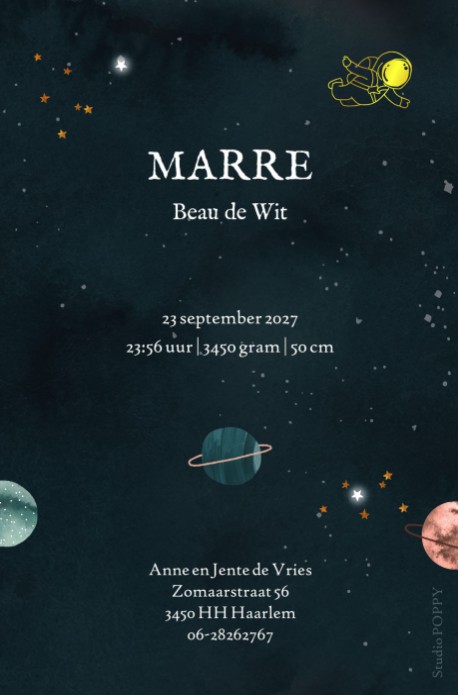 Een heel stijlvol geboortekaartje met originele handgeschilderde planeten en atronauten met accent in folie. Een stoer geboortekaartje met handgeschilderde details. Vraag eens een proefdruk aan.