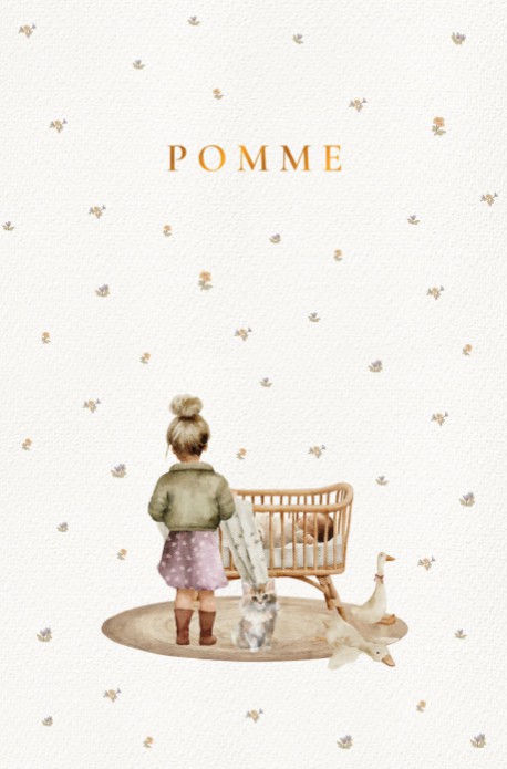 Geboortekaartje met wieg en grote zus. Huisdieren zoals een hond of een kat zijn door middel van de beeldbank toe te voegen. Een lief geboortekaartje met watercolor gezin dat gedrukt kan worden naar jullie gezinssamenstelling.