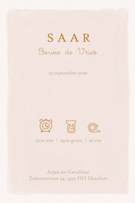 Geboortekaartje bohemian met babykleertjes, babykamer spulletjes in boho stijl in warme pastel tinten. Een lief geboortekaartje waar je met behulp van de beeldbank jouw eigen draai aan kan geven. Een bedje en een kapstokje of alleen het wandrekje met baby