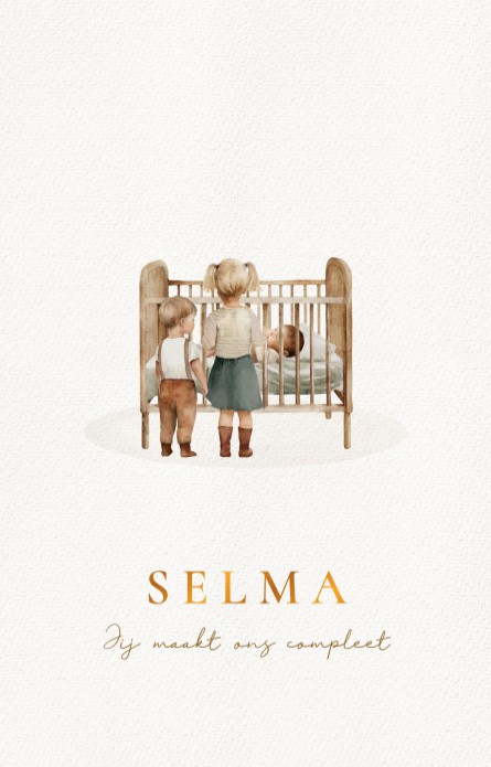 Geboortekaartje bedje met broer en zus