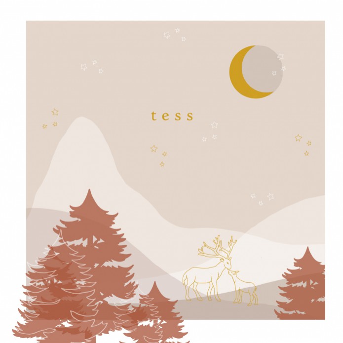 Geboortekaartje berg landschap met naaldbomen en herten