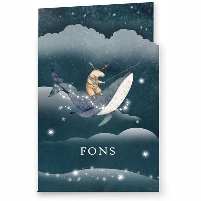 Een geboortekaartje in een bijzondere vorm, een uniek geboortekaartje met een kleine uitsparing bij de wolk! Echt een bijzonder geheel met handgeschilderde illustraties van luchten, wolken en walvis. De sterren en maan mogen natuurlijk niet ontbreken. In 