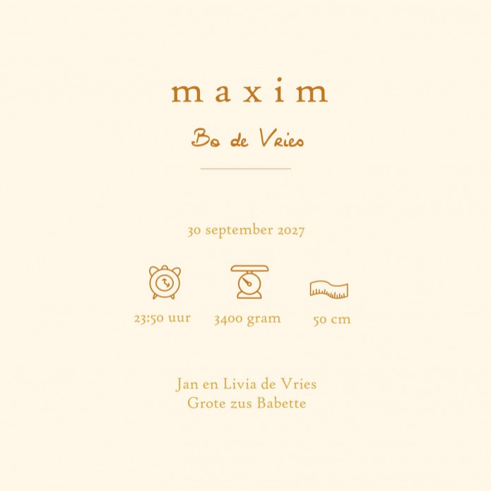 Geboortekaartje oker bloemen krans. Ga aan de slag in de editor en maak er jouw eigen unieke kaartje van. Bestel met de kortingscode een gratis proefdruk.