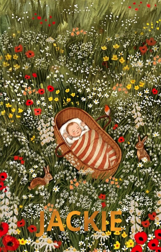 Geboortekaartje bloemenveld met baby en konijntjes
