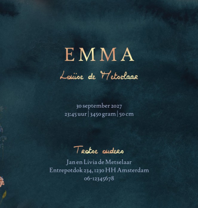 Een heel lief geboortekaartje met bloemenweide en een baby in de wieg. De veldbloemen in weelderige kleuren zijn illustratief op jullie geboortekaartje. Met accenten rosegoud folie maak je jouw kaartje helemaal compleet.