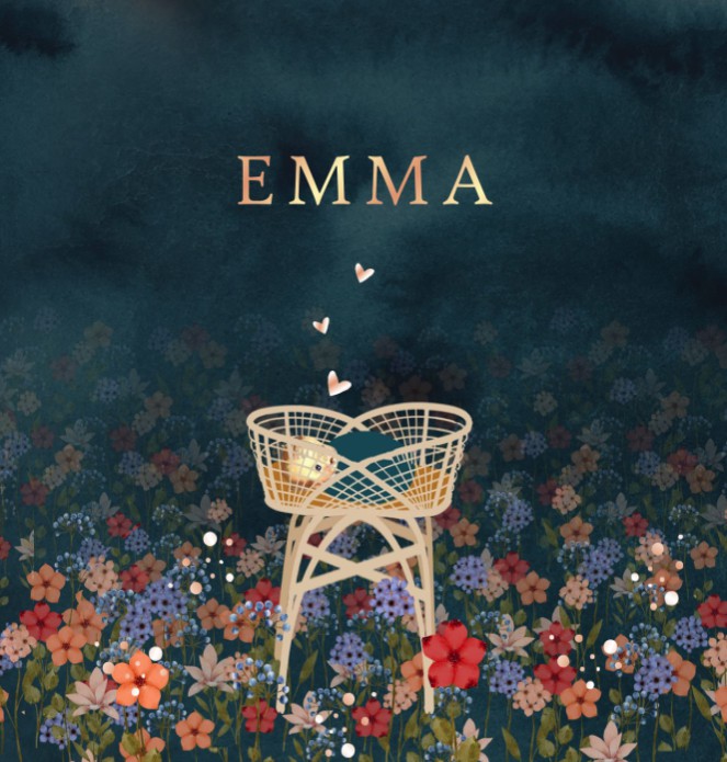 Geboortekaartje bloemenweide en babywiegje