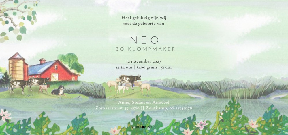 Geboortekaartje boerderij met boerderij dieren zoals de koe, schaap en kat. Illustratief retro vintage geboortekaartje dat uniek is voor als je van het boerderij leven houdt. In de editor kun je zelf nog beeldmateriaal toevoegen. Een gratis proefkaartje i