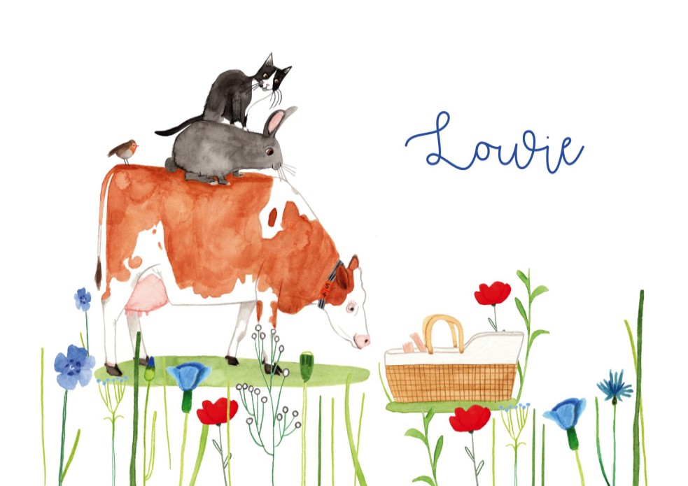 Geboortekaartje boerderijdieren in het weiland Anne-Brechtje