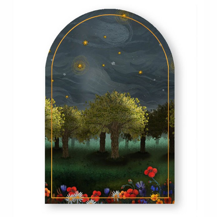 Een uniek geboortekaartje in boog vorm! Dromerig geboortekaartje bos met een huisje. Een rookpluim dwarrelt de lucht met vele sterren in. Het licht van de maan schijnt over de bomen, bloemen en vos die er loopt. Prachtig beeld in sprekende kleuren. Vraag 