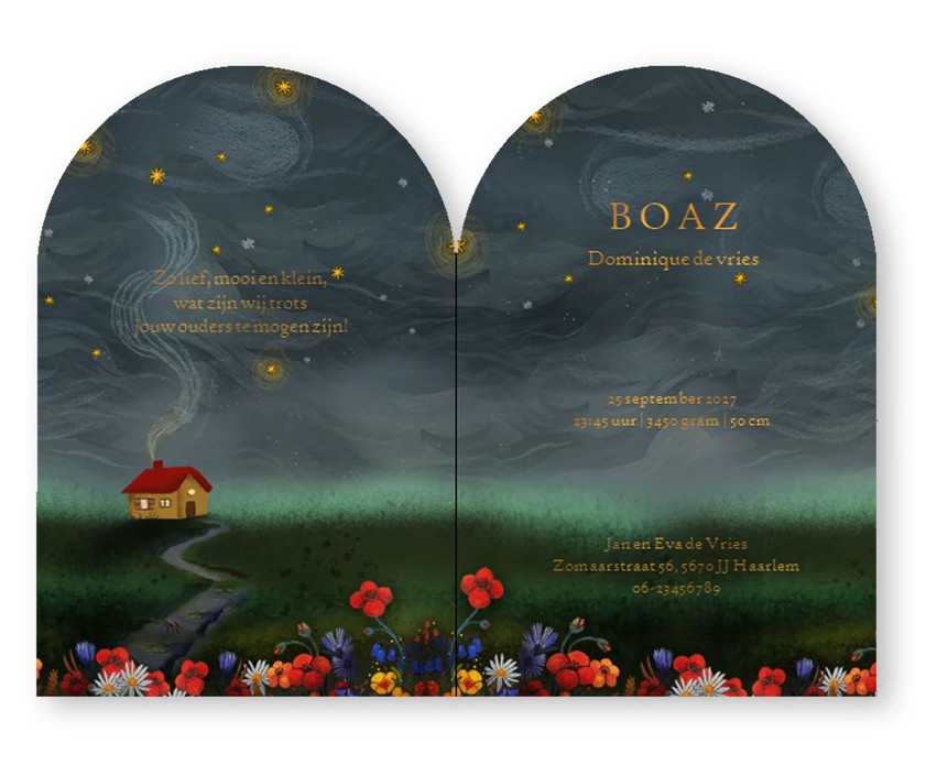 Een uniek geboortekaartje in boog vorm! Dromerig geboortekaartje bos met een huisje. Een rookpluim dwarrelt de lucht met vele sterren in. Het licht van de maan schijnt over de bomen, bloemen en vos die er loopt. Prachtig beeld in sprekende kleuren. Vraag 