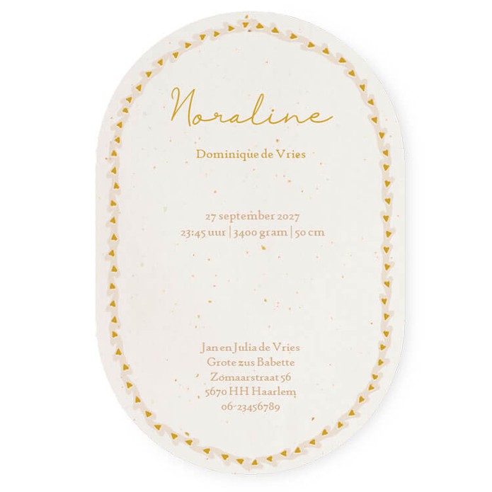 Ovaal geboortekaartje bohemian palm is een bijzonder geboortekaartje in rustieke kleuren. De palmbomen passen in de boho stijl. De kleuren zijn aan te passen in de editor en je maakt er een uniek geboortekaartje van. Vraag eens een proefdruk aan.