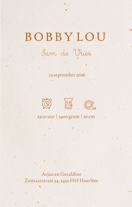 Een heel stijlvol geboortekaartje met grafische bollen en sterretjes. De cirkels zijn van kleur te veranderen naar elke stijl die je maar wil. Een geboortekaartje in neutrale, klassieke stijl dat met de handige editor zelf aan te passen is.