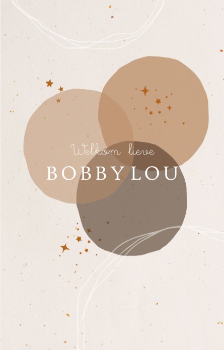 Een heel stijlvol geboortekaartje met grafische bollen en sterretjes. De cirkels zijn van kleur te veranderen naar elke stijl die je maar wil. Een geboortekaartje in neutrale, klassieke stijl dat met de handige editor zelf aan te passen is.