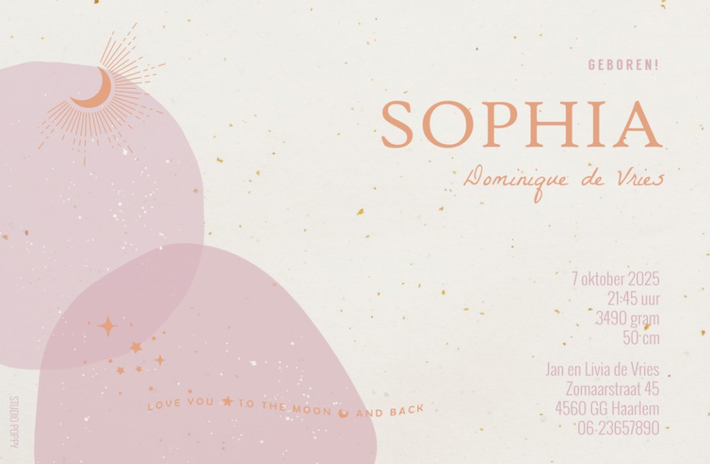 Geboortekaartje grafische bollen in verschillende kleuren die je zelf kunt aanpassen naar elke gewenste kleur. Je kunt gebruik maken van folie of ronde hoeken, maar dat hoeft natuurlijk niet.