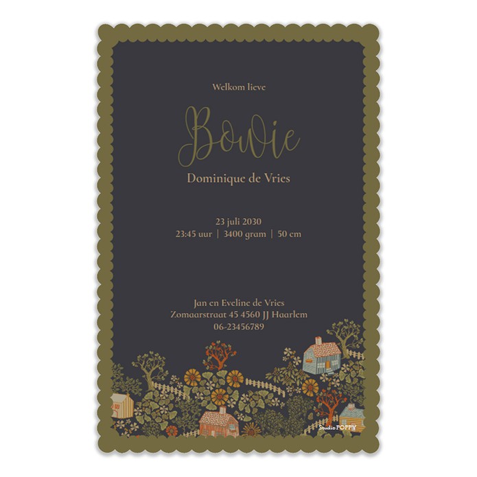 Geboortekaartje met schulprandje in warme kleuren. De huisjes, hekken, molen en bomen vormen een dorp waarin je je misschien zult herkennen. Een smaakvol illustratief geboortekaartje van een dorp.
