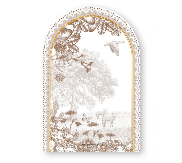 Geboortekaartje platteland met bomen en boerderij dieren. Gedrukt in bijzonder formaat, namelijk in boogvorm met prachtig illustratief kader. De monotonen van de illustratie met schaap, geit en gans zijn er in verschillende kleuren.