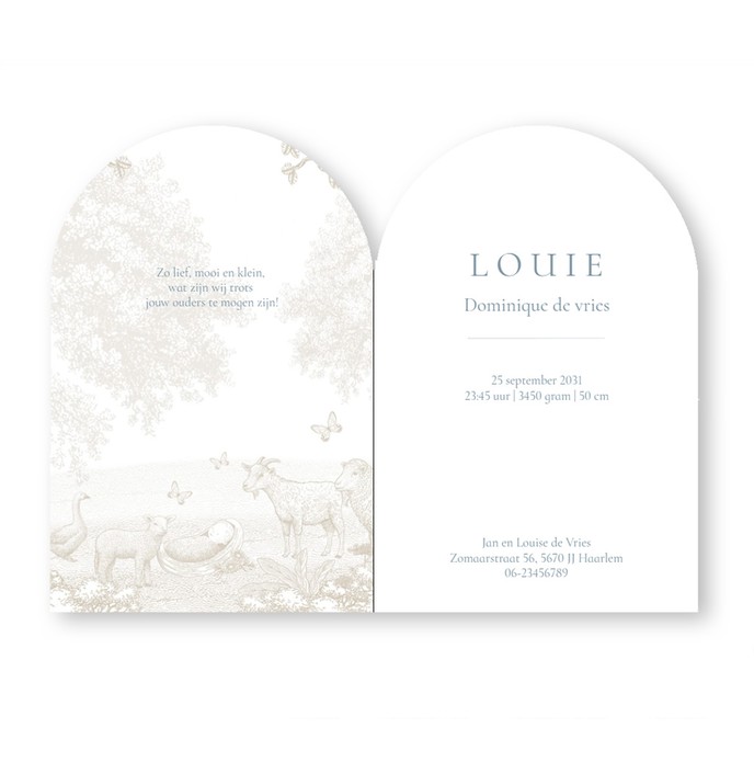 Geboortekaartje sereen maar wel met een prachtige illustratie en in bijzondere vorm. De boogvorm met illustratief kader prachtig met de monotoon afbeelding van boerderij leven met schaap en geit en kindje in een mandje.