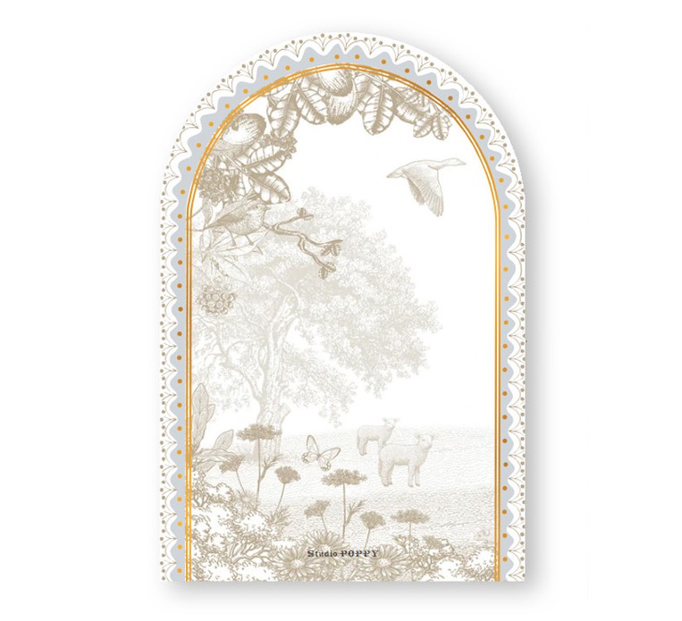 Geboortekaartje sereen maar wel met een prachtige illustratie en in bijzondere vorm. De boogvorm met illustratief kader prachtig met de monotoon afbeelding van boerderij leven met schaap en geit en kindje in een mandje.