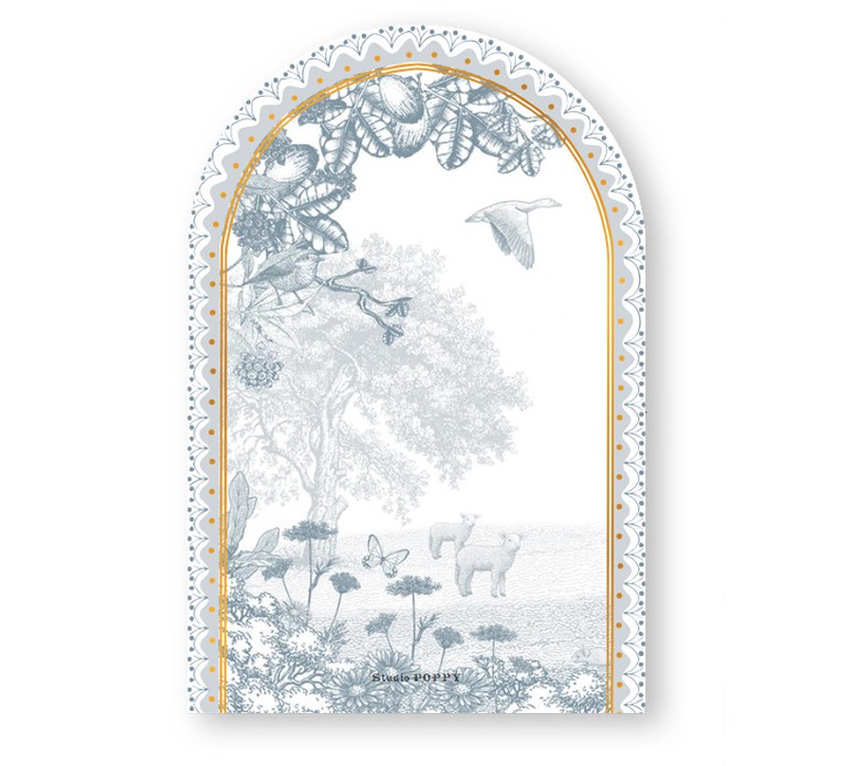 Geboortekaartje met schaap, geit en gans. Een illustratie waarin het platteland met weiland en de boerderij centraal staan. Een sereen geboortekaartje in monotoon en verkrijgbaar in verschillende tinten. De baby in de natuur op jullie geboortekaartje.