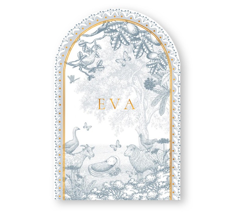 Geboortekaartje met schaap, geit en gans. Een illustratie waarin het platteland met weiland en de boerderij centraal staan. Een sereen geboortekaartje in monotoon en verkrijgbaar in verschillende tinten. De baby in de natuur op jullie geboortekaartje.