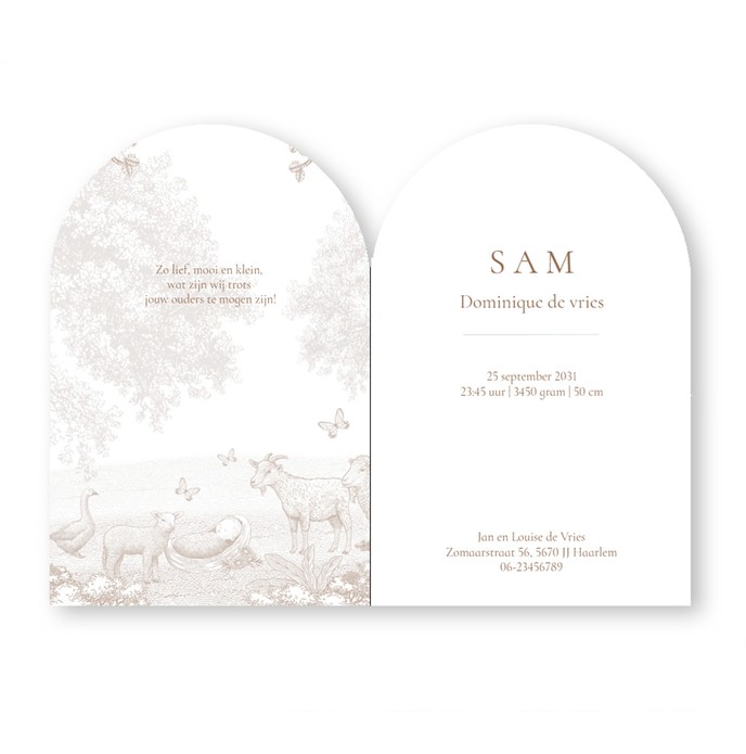 Geboortekaartje platteland met bomen en boerderij dieren. Gedrukt in bijzonder formaat, namelijk in boogvorm met prachtig illustratief kader. De monotonen van de illustratie met schaap, geit en gans zijn er in verschillende kleuren.