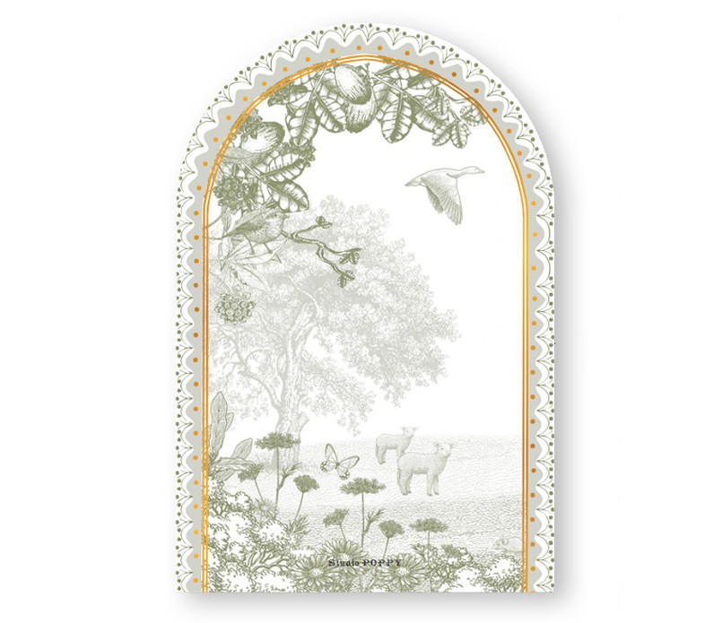 Geboortekaartje met schaap, geit en gans. Een illustratie waarin het platteland met weiland en de boerderij centraal staan. Een sereen geboortekaartje in monotoon en verkrijgbaar in verschillende tinten. De baby in de natuur op jullie geboortekaartje.